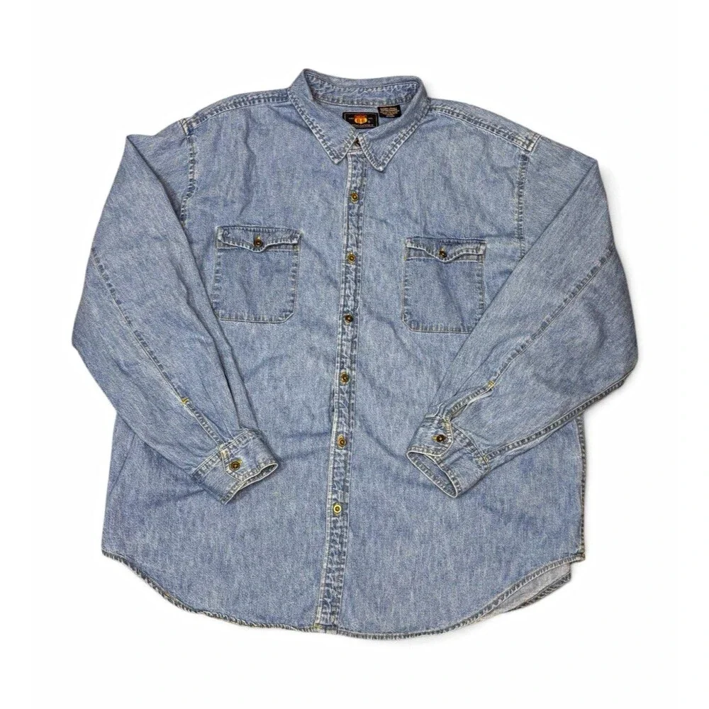 Vintage Route 66 Denim Shirt Mens XL Blue Light Wash Long Sleeve Button Cotton